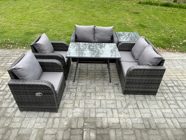 Rackhams Wicker PE Rattan Garden Dining Set Outdoor Furniture Sofa with Rectangular Dining Table Side Table Dark Grey Mixed - image 1