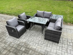 Rackhams Wicker PE Rattan Garden Dining Set Outdoor Furniture Sofa with Rectangular Dining Table Side Table Dark Grey Mixed - thumbnail 2