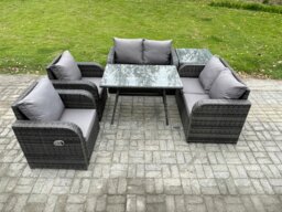 Rackhams Wicker PE Rattan Garden Dining Set Outdoor Furniture Sofa with Rectangular Dining Table Side Table Dark Grey Mixed - thumbnail 1