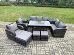 Rackhams Rattan Outdoor Garden Furniture Set with Gas Fire Pit Table, Sofas, 2 Chairs, 3 Footstools, 2 Side Tables - 10 Seater - Dark Grey - thumbnail 1