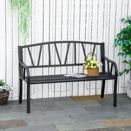 Rackhams 2-Seater Garden Bench Metal Loveseat w/ Decorative Backrest Ergonomic Armrest - thumbnail 2