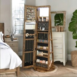 Rackhams Free Standing Mirror Jewellery Cabinet 360 Swivel Organiser Brown - thumbnail 4