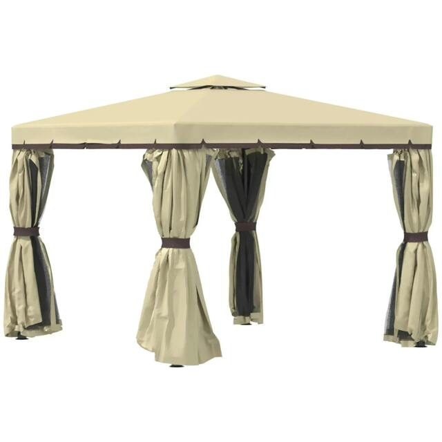 Rackhams 3 x 3(m) Patio Gazebo Canopy Garden Pavilion Tent Shelter with 2 Tier Water Repellent Roof, Mosquito Netting and Curtains, Aluminium Frame, Beige - image 1