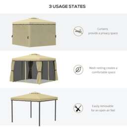 Rackhams 3 x 3(m) Patio Gazebo Canopy Garden Pavilion Tent Shelter with 2 Tier Water Repellent Roof, Mosquito Netting and Curtains, Aluminium Frame, Beige - thumbnail 6