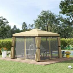 Rackhams 3 x 3(m) Patio Gazebo Canopy Garden Pavilion Tent Shelter with 2 Tier Water Repellent Roof, Mosquito Netting and Curtains, Aluminium Frame, Beige - thumbnail 2