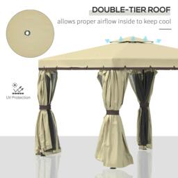 Rackhams 3 x 3(m) Patio Gazebo Canopy Garden Pavilion Tent Shelter with 2 Tier Water Repellent Roof, Mosquito Netting and Curtains, Aluminium Frame, Beige - thumbnail 4