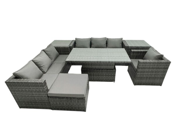 Rackhams Rattan Dining Table Sofa Set with 2 Side Table Big Footstool Armchair Outdoor 8 Seat Garden Furniture Set Dark Grey Mixed - image 1