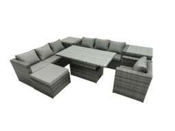 Rackhams Rattan Dining Table Sofa Set with 2 Side Table Big Footstool Armchair Outdoor 8 Seat Garden Furniture Set Dark Grey Mixed - thumbnail 2
