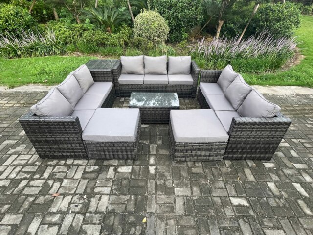 Rackhams Outdoor Lounge Sofa Set Wicker PE Rattan Garden Furniture Set with Oblong Coffee Table Side Table 2 Big Footstool 11Seater Dark Grey Mixed - image 1