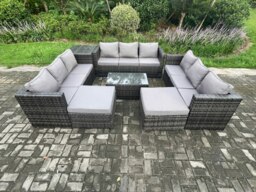 Rackhams Outdoor Lounge Sofa Set Wicker PE Rattan Garden Furniture Set with Oblong Coffee Table Side Table 2 Big Footstool 11Seater Dark Grey Mixed - thumbnail 2