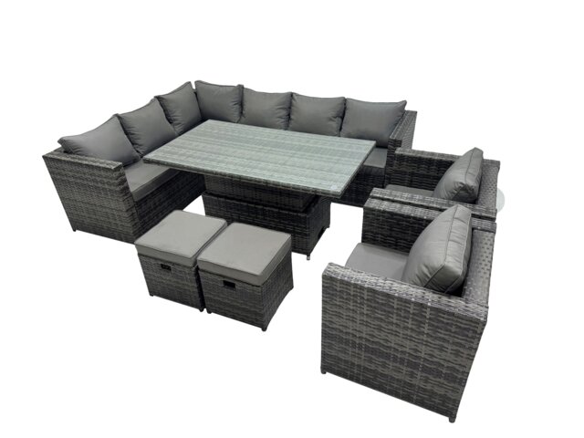 Rackhams 10 seater Height Adjustable Rising Lifting Table Corner Sofa Set Rattan Garden Furniture Dining Set with 2 Small Stool Dark Grey Mixed - image 1