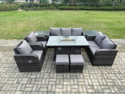 Rackhams Rattan Outdoor Garden Furniture Set with Gas Fire Pit Table, 2 Sofas, 2 Chairs, 2 Side Tables, 2 Small Footstools - 9 Seater - Dark Grey - thumbnail 1