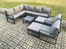Rackhams 10 Seater Outdoor Lounge Corner Sofa Set Aluminum Garden Furniture Sets with Square Coffee Table 2 Chairs 2 Big Footstool Dark Grey - thumbnail 2