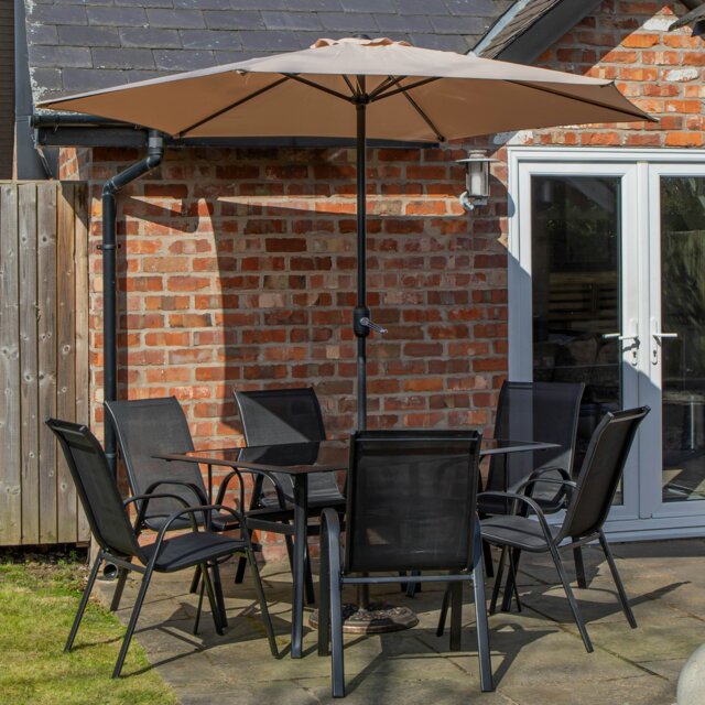 Rackhams Outdoor 6 Person Rectangular Glass Top Garden Patio Dining Table Chairs With Beige Parasol and Base Set - Outdoor Furniture Sets - image 1