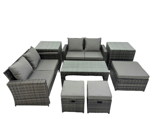 Rackhams Outdoor Love Sofa Set 7 Seat Rattan Garden Furniture Set with Oblong Coffee Table 3 Footstools 2 Side Table Dark Grey Mixed - image 1