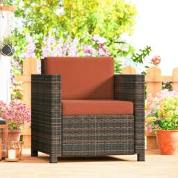 Rackhams Rattan Garden Armchair, Cushioned Single Rattan Chair - Mixed Brown / Navy Blue - thumbnail 6