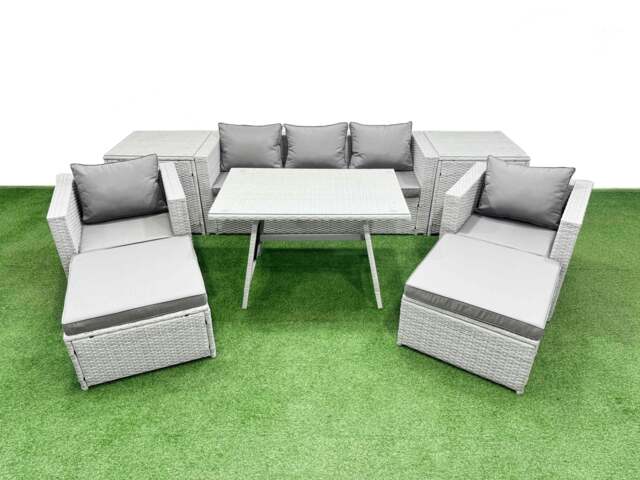 Rackhams 9 Pieces Outdoor PE Rattan Sofa Armchair Set Patio Garden Furniture Sets with Cushions 2 Side Tables 2 Big Stools Light Grey - image 1