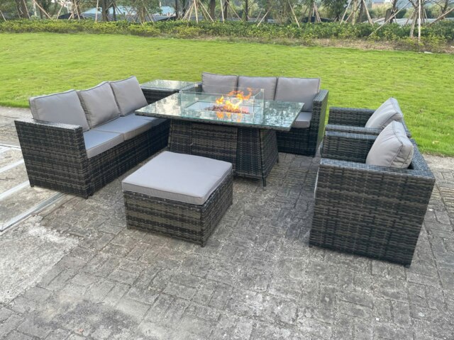 Rackhams 9 Seater Outdoor Rattan Garden Furniture Gas Fire Pit Table Sets Gas Heater Lounge Chairs Dark Grey Big Footstool - image 1