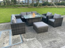 Rackhams 9 Seater Outdoor Rattan Garden Furniture Gas Fire Pit Table Sets Gas Heater Lounge Chairs Dark Grey Big Footstool - thumbnail 3
