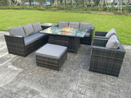 Rackhams 9 Seater Outdoor Rattan Garden Furniture Gas Fire Pit Table Sets Gas Heater Lounge Chairs Dark Grey Big Footstool - thumbnail 1
