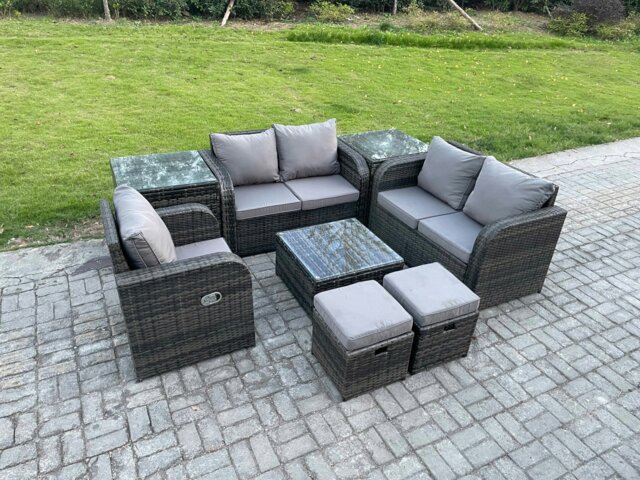 Rackhams PE Rattan Garden Furniture Sets Outdoor Love Sofa Chair Set Square Coffee Table 2 Side Tables 2 Small Footstools - image 1