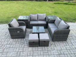 Rackhams PE Rattan Garden Furniture Sets Outdoor Love Sofa Chair Set Square Coffee Table 2 Side Tables 2 Small Footstools - thumbnail 2