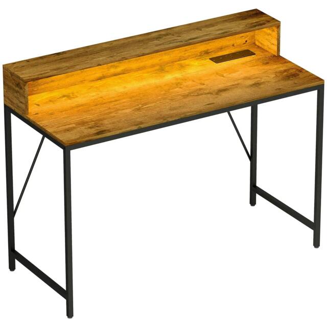 Rackhams 120cm Computer Desk with LED Lights and Power Outlets, Gaming Desk with Monitor Stand, Computer Table with Remote for Home Office Study, Rustic Brown