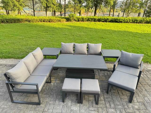 Rackhams 10 Seater Aluminium Outdoor Garden Furniture Set with Adjustable Rising Dining Table, 2 Sofas, 3 Footstools, 2 Side Tables & 1 Chair - Grey - image 1
