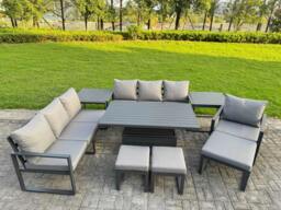 Rackhams 10 Seater Aluminium Outdoor Garden Furniture Set with Adjustable Rising Dining Table, 2 Sofas, 3 Footstools, 2 Side Tables & 1 Chair - Grey - thumbnail 1
