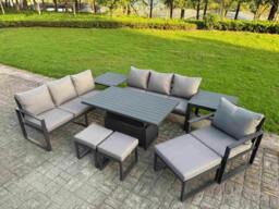 Rackhams 10 Seater Aluminium Outdoor Garden Furniture Set with Adjustable Rising Dining Table, 2 Sofas, 3 Footstools, 2 Side Tables & 1 Chair - Grey - thumbnail 2