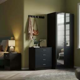 Rackhams High Gloss Bedroom Furniture 3 Piece Trio Set Wardrobe Chest Bedside - WALNUT/BLACK GLOSS - Bedside Table - thumbnail 2