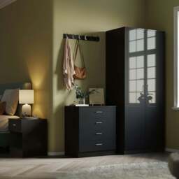 Rackhams High Gloss Bedroom Furniture 3 Piece Trio Set Wardrobe Chest Bedside - WALNUT/BLACK GLOSS - Bedside Table - thumbnail 3
