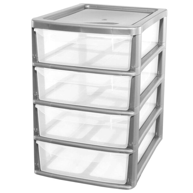 Rackhams A4 Desktop Plastic Storage Drawers Table Top Organiser 4 Pull Out Drawers - Silver - image 1