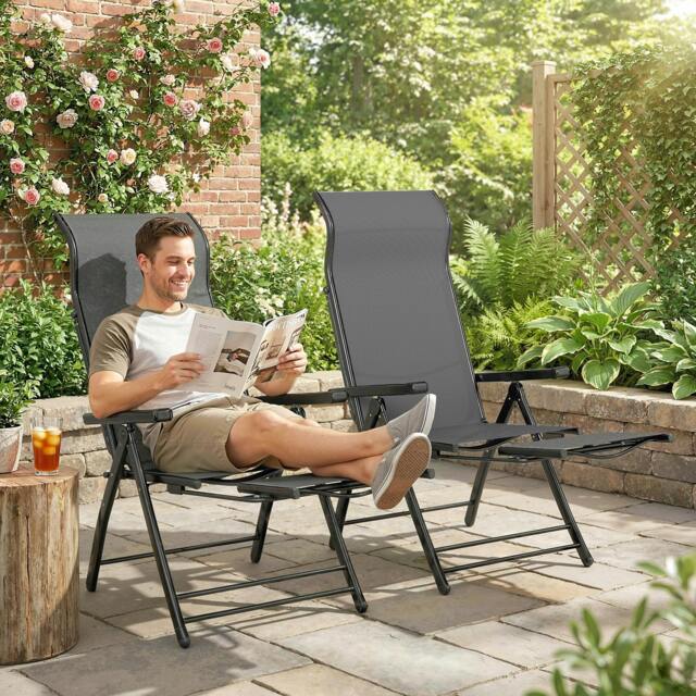 Rackhams Folding Reclining Garden Chairs Set of 2 with Footrest, Dark Grey - 179.5 x 63.5 x 60 cm - 2 - Metal, Texteline - image 1