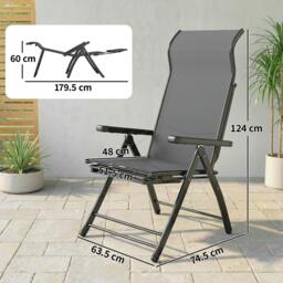 Rackhams Folding Reclining Garden Chairs Set of 2 with Footrest, Dark Grey - 179.5 x 63.5 x 60 cm - 2 - Metal, Texteline - thumbnail 3