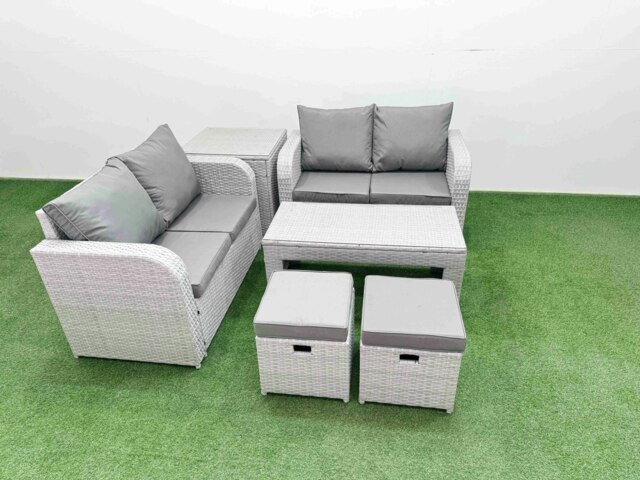 Rackhams 6 Seater Outdoor Love Sofa Set Rattan Garden Furniture Set with Oblong Coffee Table 2 Small Stools Side Table Light Grey - image 1