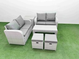 Rackhams 6 Seater Outdoor Love Sofa Set Rattan Garden Furniture Set with Oblong Coffee Table 2 Small Stools Side Table Light Grey - thumbnail 1
