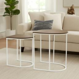 Rackhams Nest of 2 Coffee Table White Metal Wooden Woodgrain Side Tables Set Living Room - thumbnail 3