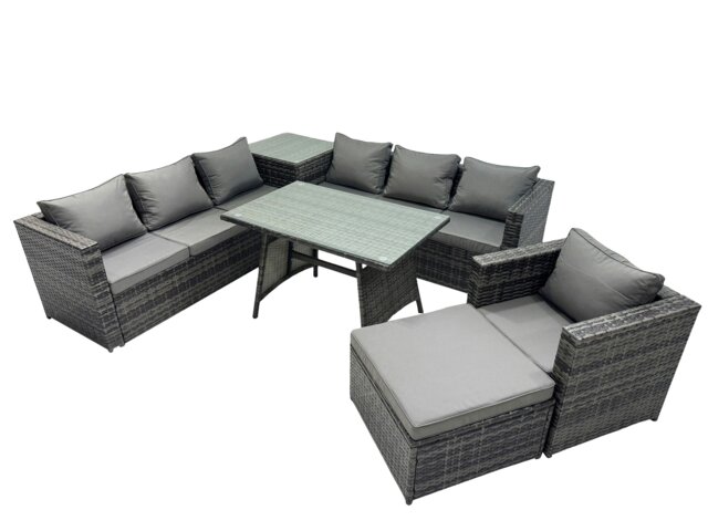 Rackhams Outdoor Corner Sofa Chair Dining Table Set Garden Rattan Furniture Set 8 Seater with Side Table Big Stool Dark Grey - image 1