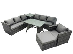 Rackhams Outdoor Corner Sofa Chair Dining Table Set Garden Rattan Furniture Set 8 Seater with Side Table Big Stool Dark Grey - thumbnail 1