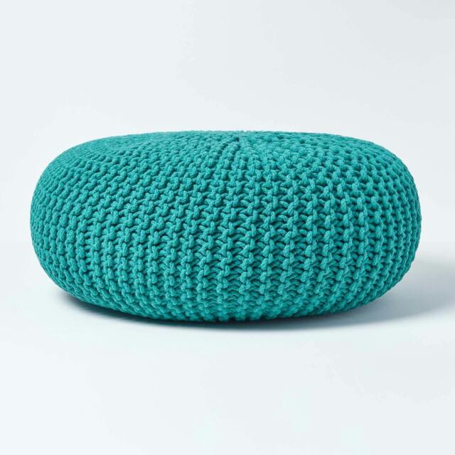 Rackhams Large Round Cotton Knitted Pouffe Footstool - Teal Green - image 1