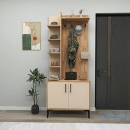 Rackhams Lefteris Hallway Coat Rack with Shelves - Atlantic Pine & Beige