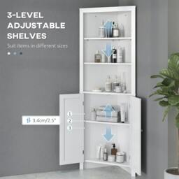 Rackhams Triangle Bathroom Cabinet, Corner Bathroom Storage Unit with Cupboard and 3-Tier Shelves, Free Standing, White - thumbnail 6
