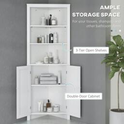 Rackhams Triangle Bathroom Cabinet, Corner Bathroom Storage Unit with Cupboard and 3-Tier Shelves, Free Standing, White - thumbnail 5