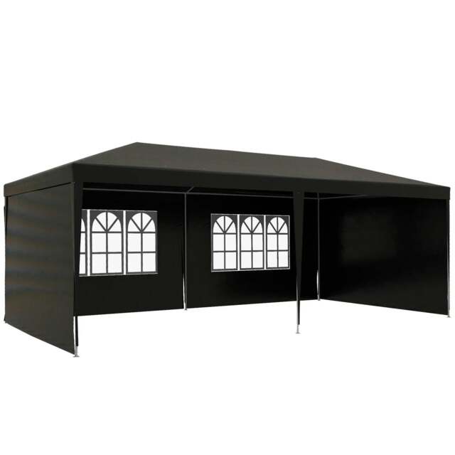 Rackhams 6 x 3 m Party Tent Gazebo Marquee Outdoor Patio Canopy Shelter with Windows and Side Panels Black - image 1