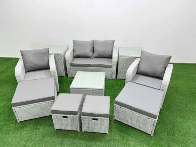 Rackhams Outdoor Garden Furniture Set PE Rattan Love Sofa Reclining Chair Set with Coffee Table 4 Footstools 2 Side Tables Light Grey - image 1