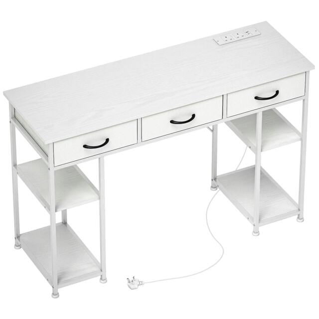 Rackhams 120cm Computer Desk with Power Outlets, Office Desk Study Table with 3 Fabric Drawers and 4 Storage Shelves, White
