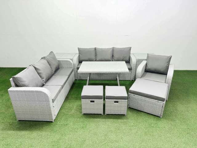 Rackhams 9 Pieces Outdoor PE Rattan Garden Furniture with Cushions Reclining Chair 2 Side Tables 3 Stool Light Grey - image 1