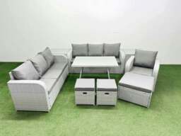 Rackhams 9 Pieces Outdoor PE Rattan Garden Furniture with Cushions Reclining Chair 2 Side Tables 3 Stool Light Grey - thumbnail 1