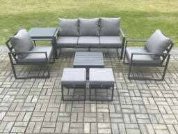 Rackhams Aluminium 7 Seater Outdoor Lounge Sofa Set Garden Furniture Sets with Square Coffee Table 2 Chairs 2 Small Footstools Side Table Dark Grey - thumbnail 2